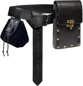 Renaissance Belt Pouch Coin Purse Skirt Hike Set Medieval Festival Costume Halloween Accessories Casual Fanny Pack Waist Bag (2Pouch-0Black)