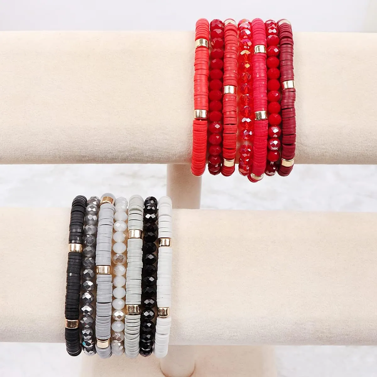 RIAH FASHION Bohemian Multi-Layer Beaded Stacking Statement Bracelets - Versatile Strand Stretch Sparkly Crystal Beads Wrap Slip-on Cuff Bangle Set