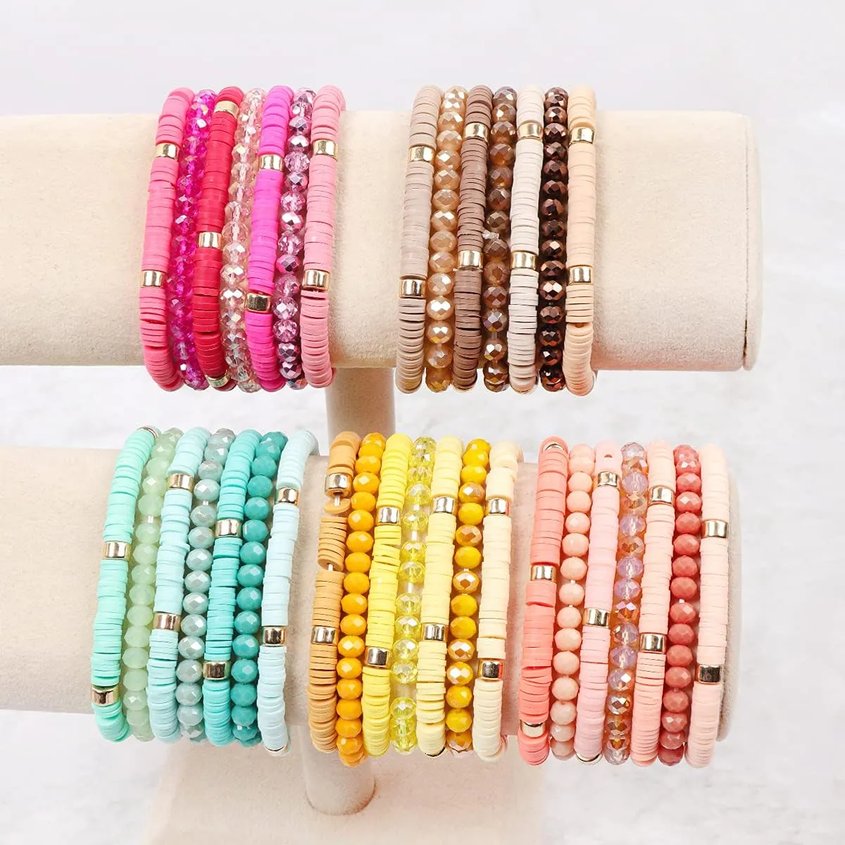 RIAH FASHION Bohemian Multi-Layer Beaded Stacking Statement Bracelets - Versatile Strand Stretch Sparkly Crystal Beads Wrap Slip-on Cuff Bangle Set