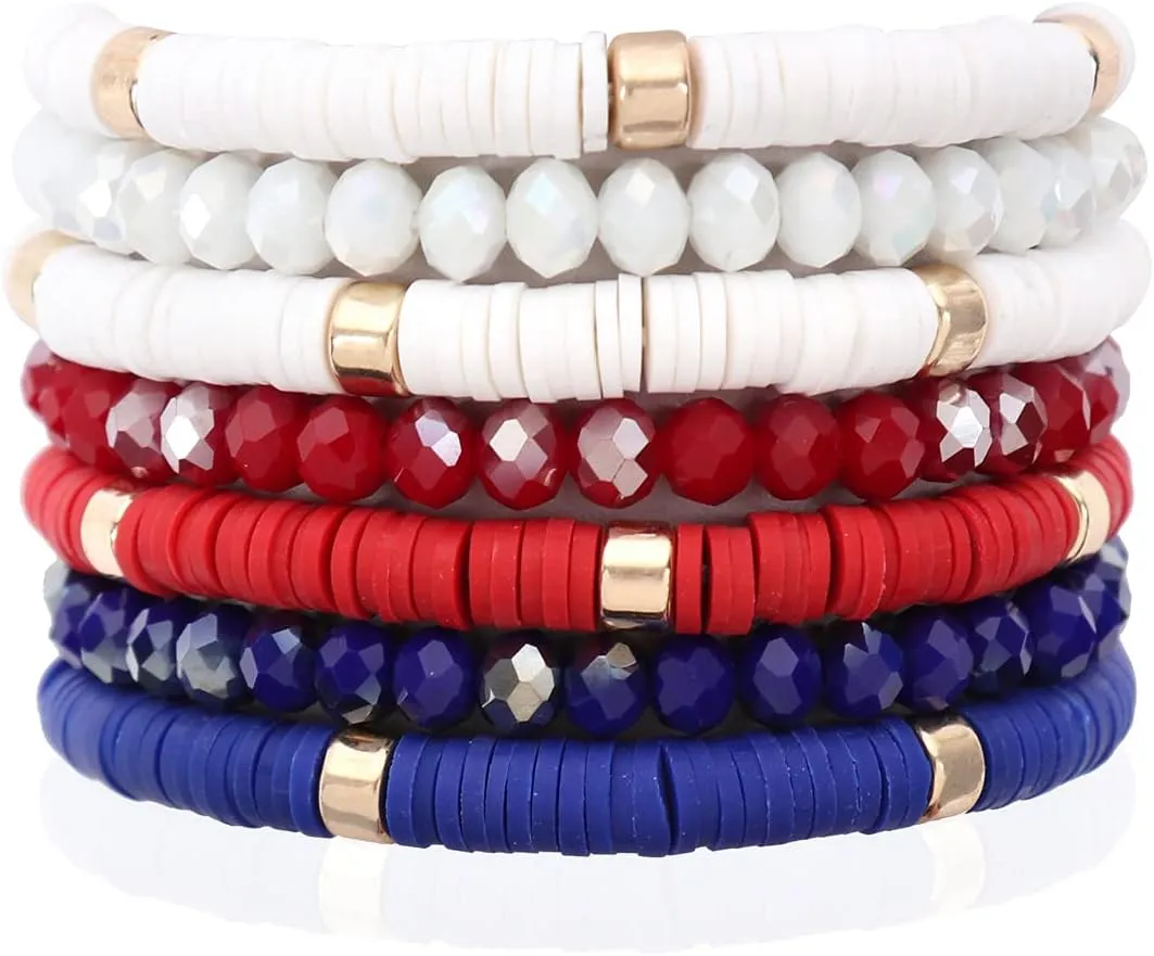 RIAH FASHION Bohemian Multi-Layer Beaded Stacking Statement Bracelets - Versatile Strand Stretch Sparkly Crystal Beads Wrap Slip-on Cuff Bangle Set