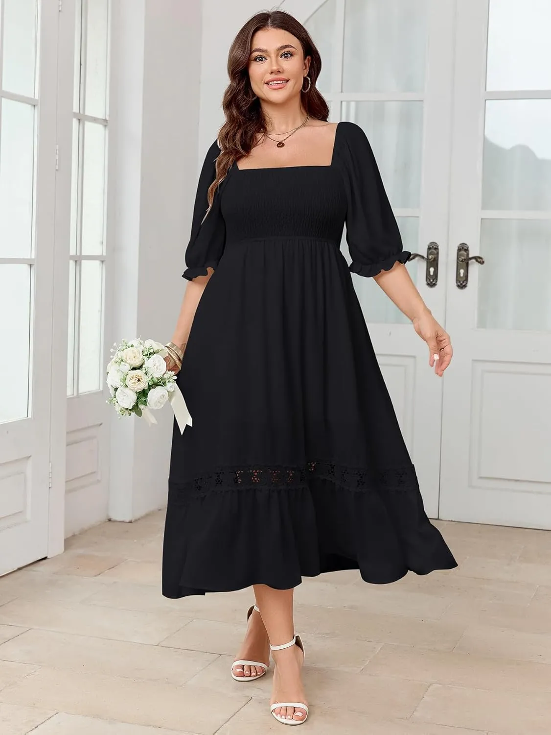 SCOMCHIC Women's Plus Size Maxi Dress Short Sleeve Square Neck Smocked Flowy A-Line Lace Trim Boho Wedding Guest Dresses
