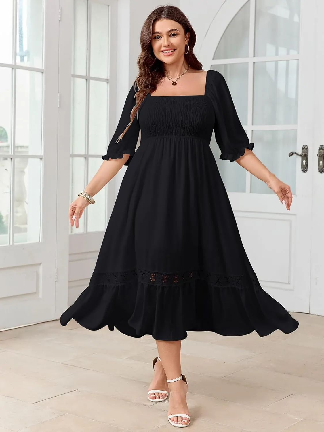 SCOMCHIC Women's Plus Size Maxi Dress Short Sleeve Square Neck Smocked Flowy A-Line Lace Trim Boho Wedding Guest Dresses