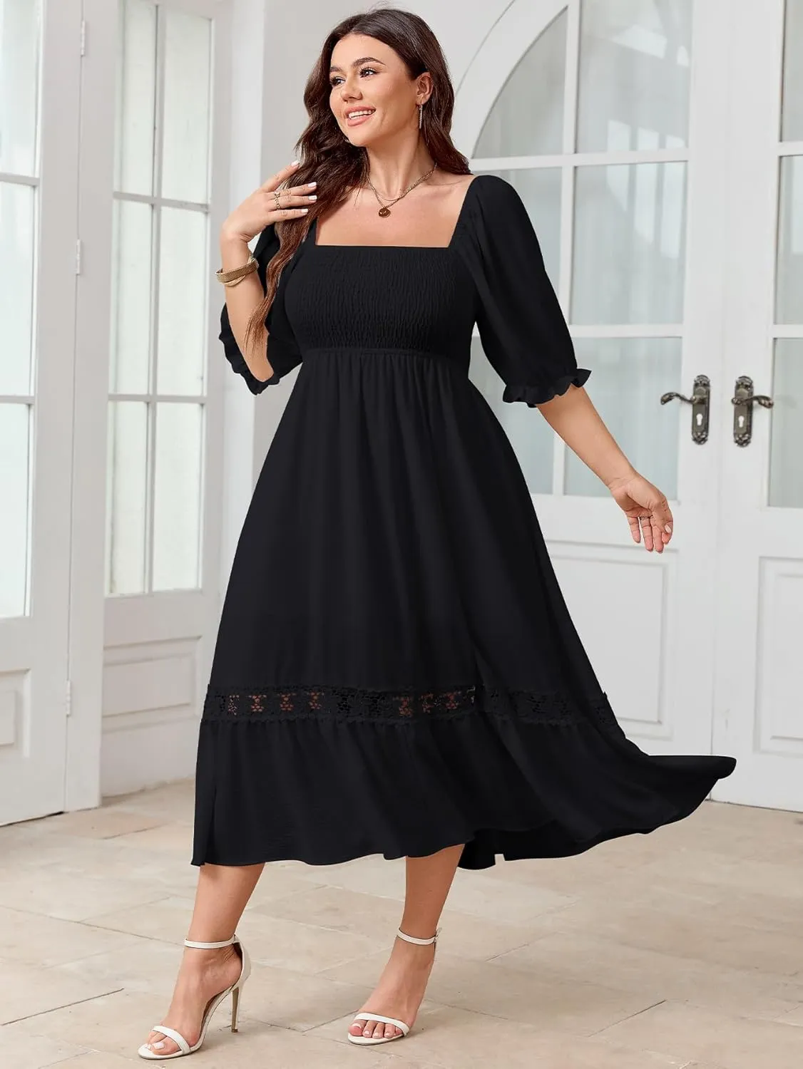 SCOMCHIC Women's Plus Size Maxi Dress Short Sleeve Square Neck Smocked Flowy A-Line Lace Trim Boho Wedding Guest Dresses