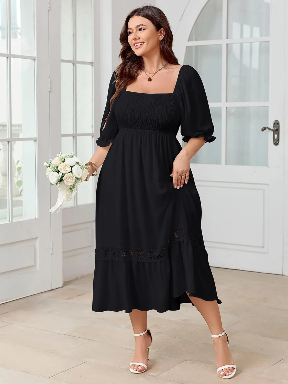 SCOMCHIC Women's Plus Size Maxi Dress Short Sleeve Square Neck Smocked Flowy A-Line Lace Trim Boho Wedding Guest Dresses