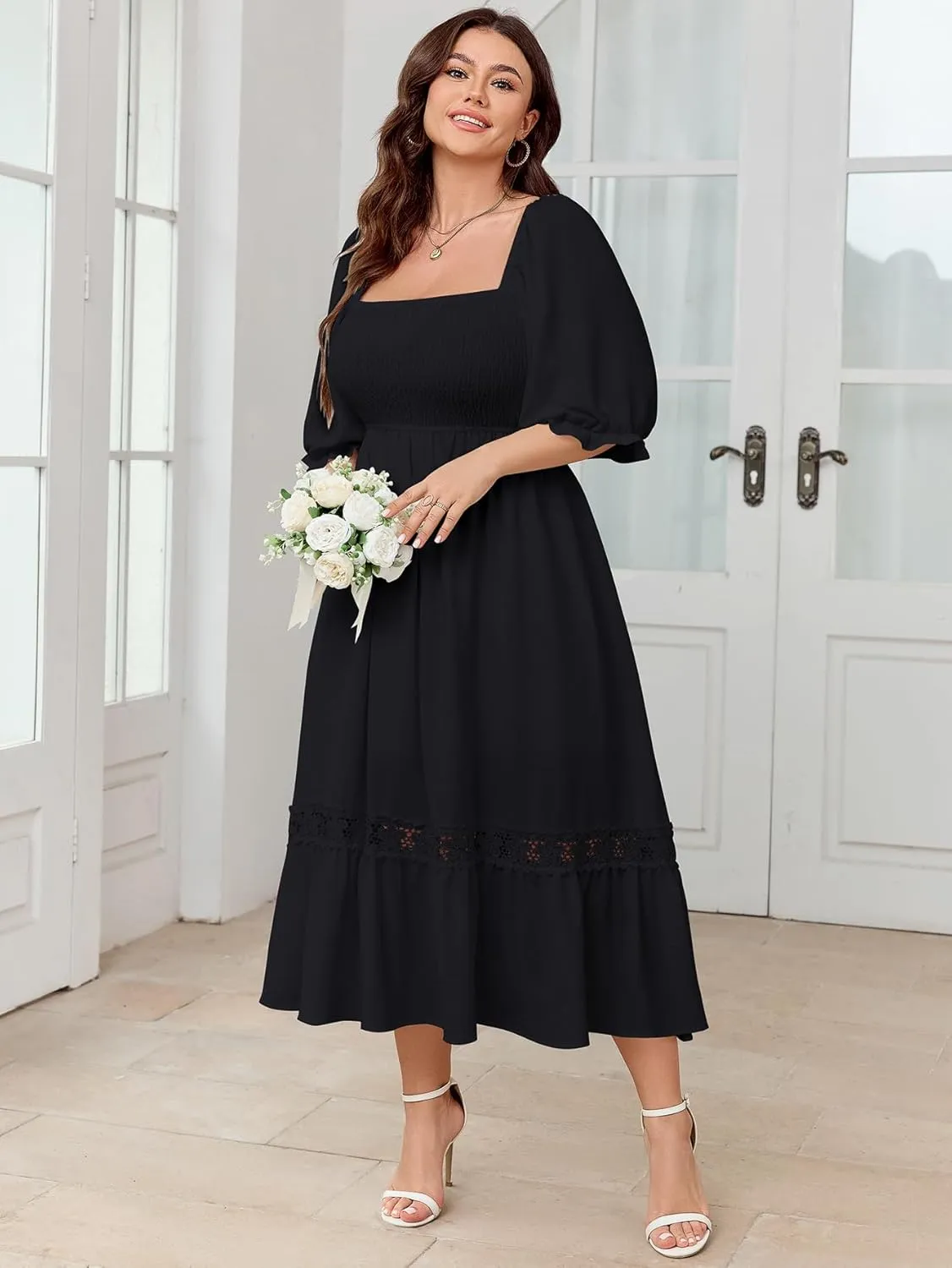 SCOMCHIC Women's Plus Size Maxi Dress Short Sleeve Square Neck Smocked Flowy A-Line Lace Trim Boho Wedding Guest Dresses