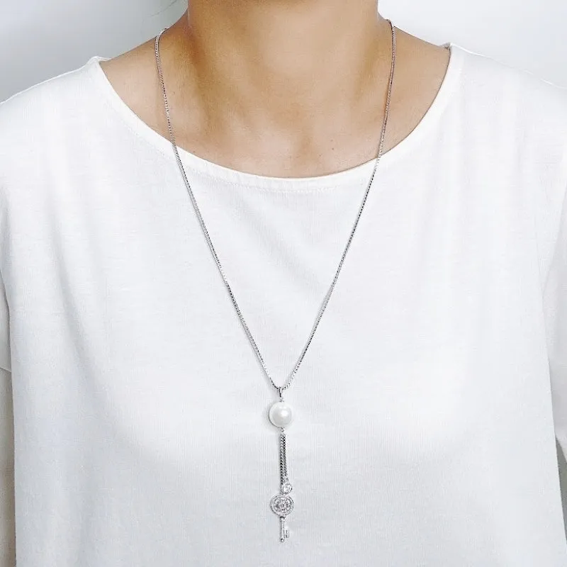 Simulated Pearl And Cubic Zirconia Long Necklace