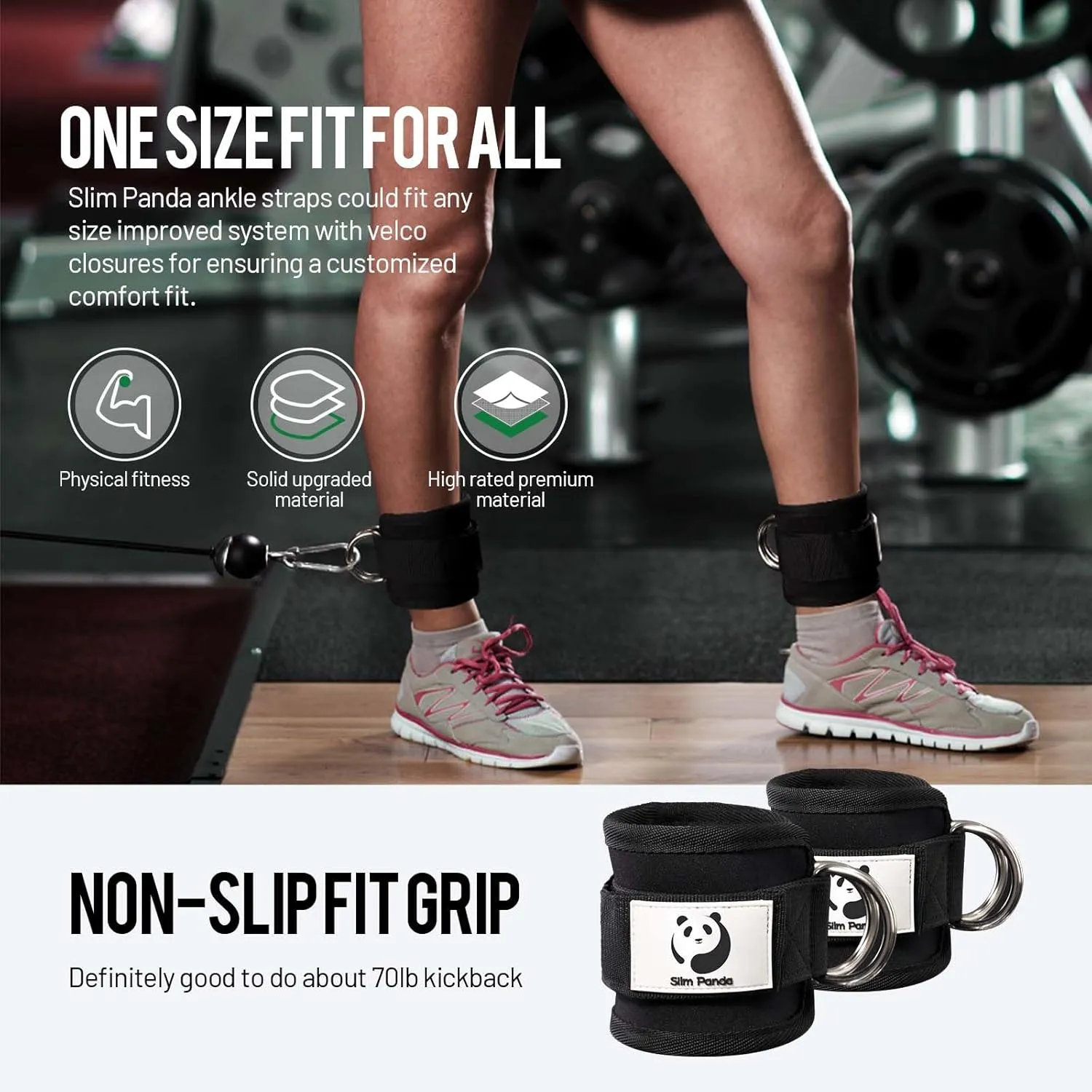 Slim Panda Ankle Strap for Cable Machine,Ankle Cuff for Kickbacks, Booty Hip Abductors,Glute Workouts, Leg Extensions, Curls for Men and Women, Adjustable with Double D-Rings