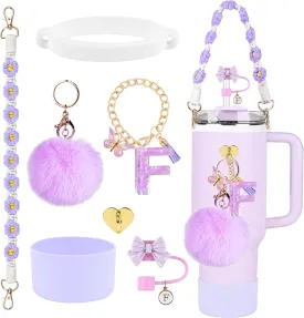 Stanley Cup Accessories Set, 10mm Bow Straw Topper, Siliocne Boot, Water Bottle Handle Strap, Letter Charms for Stanley Cup Straw Cover Cap 40oz 30oz Tumbler (F)