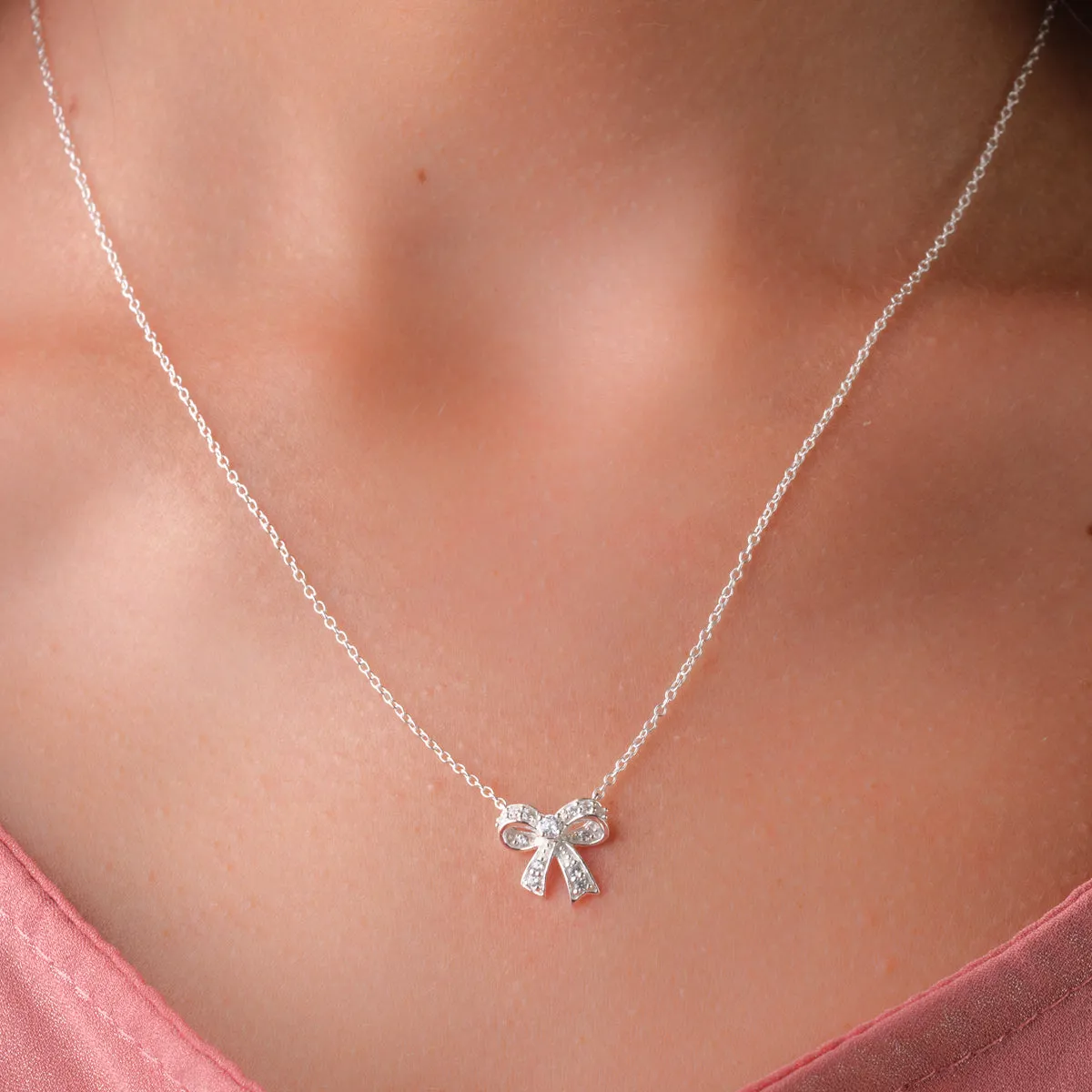 Sterling Silver Bow Zirconia Necklace