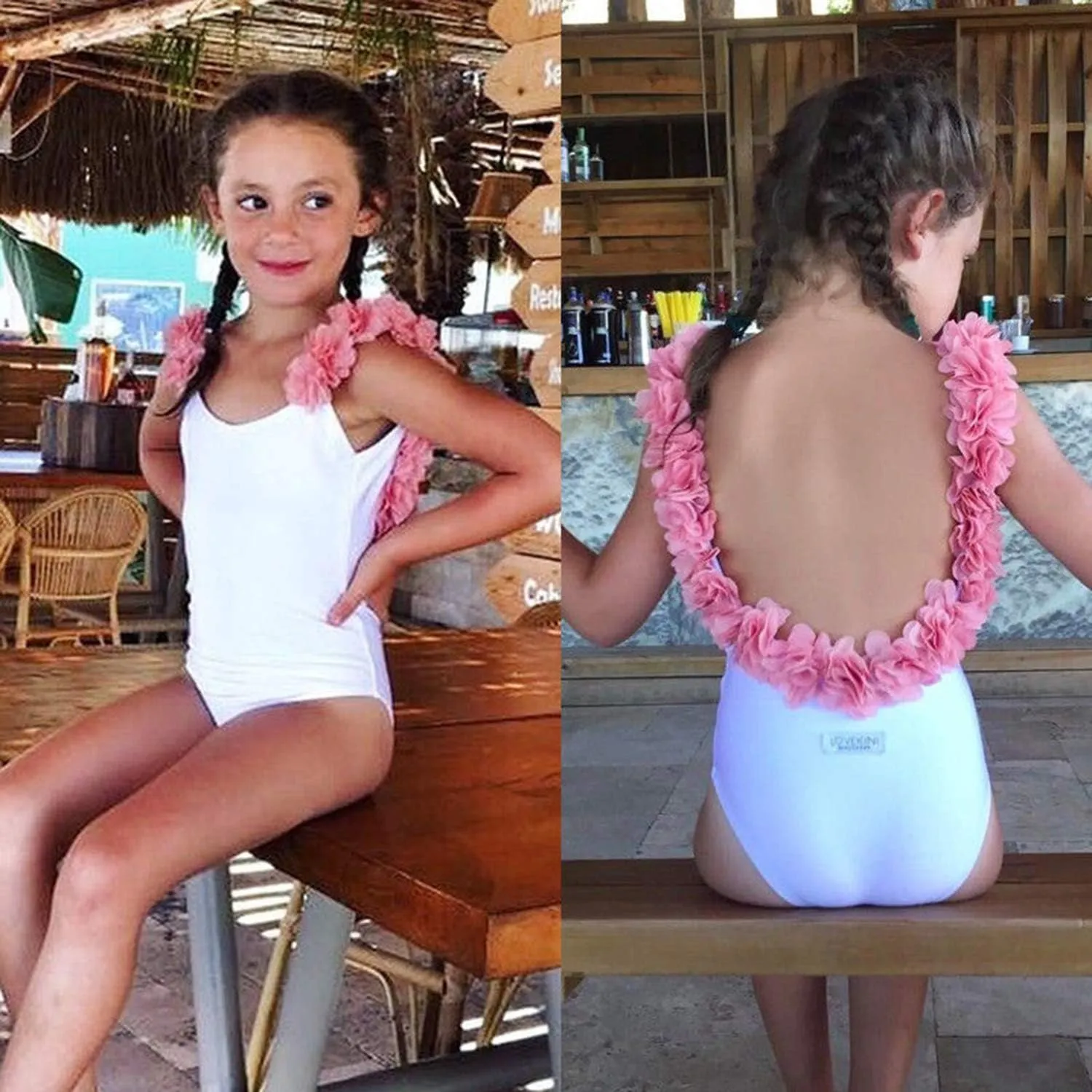 stylesilove Toddler Kid Girls 3D Flower Straps Backless One-Piece Solid Color Swimsuit Beach Bathing Swimwear, 3 Colors