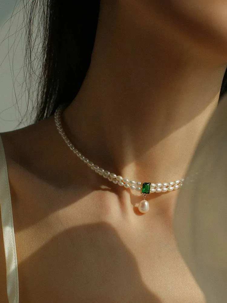 Super-Slim Freshwater Pearl Double Strand Emerald Layer Necklace