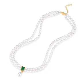 Super-Slim Freshwater Pearl Double Strand Emerald Layer Necklace