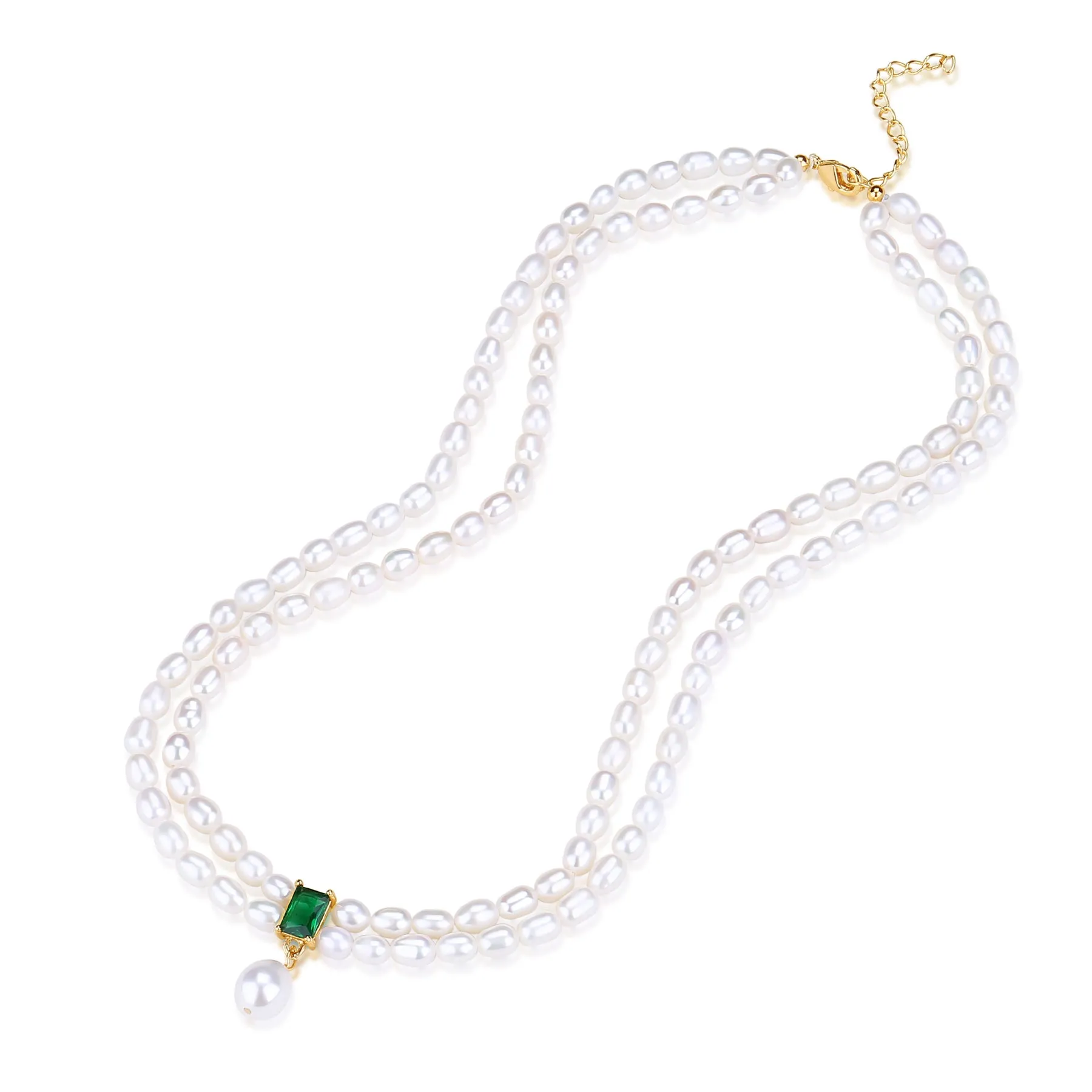 Super-Slim Freshwater Pearl Double Strand Emerald Layer Necklace