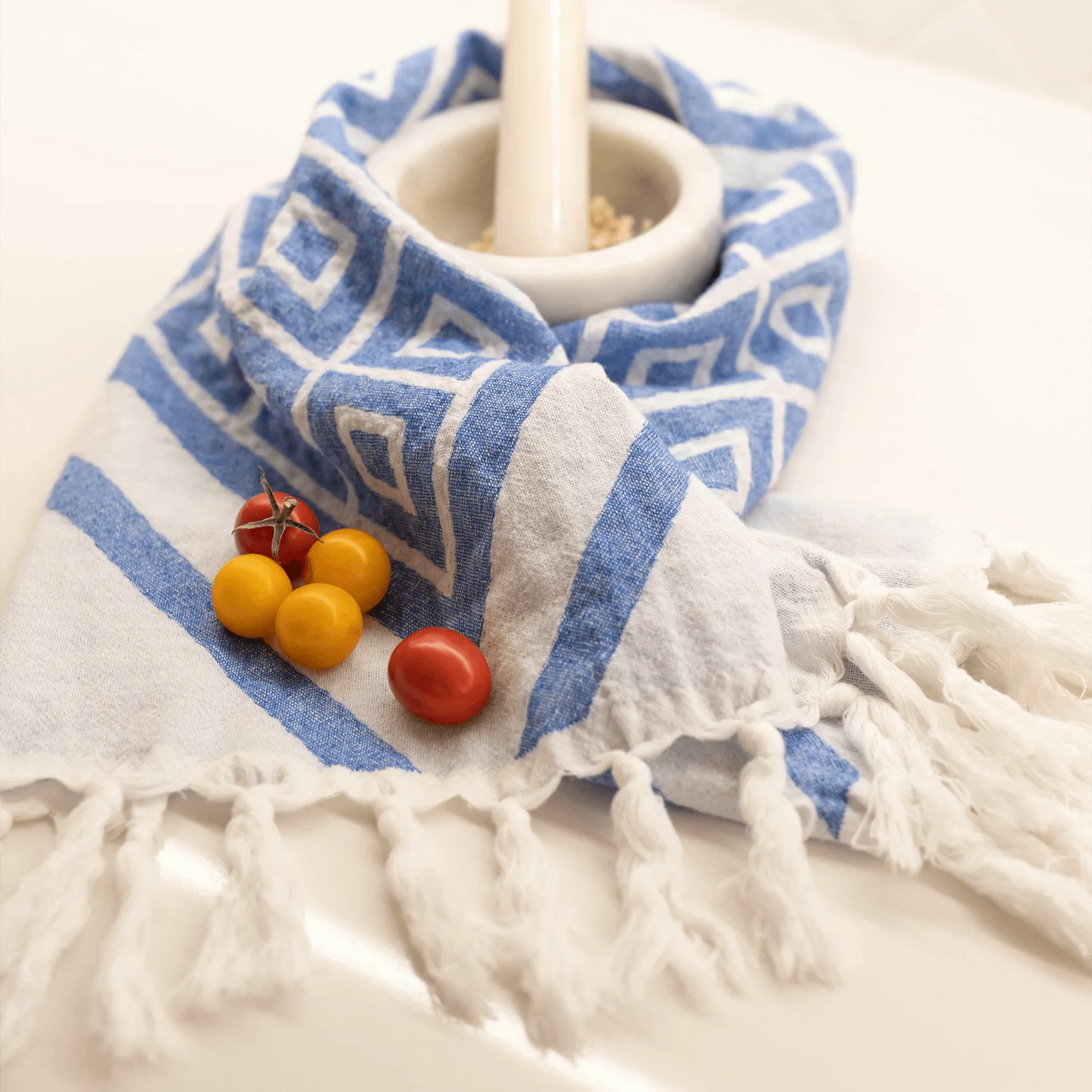 Turkish Cotton Hand Towel | Geo Diamond in Blue   White