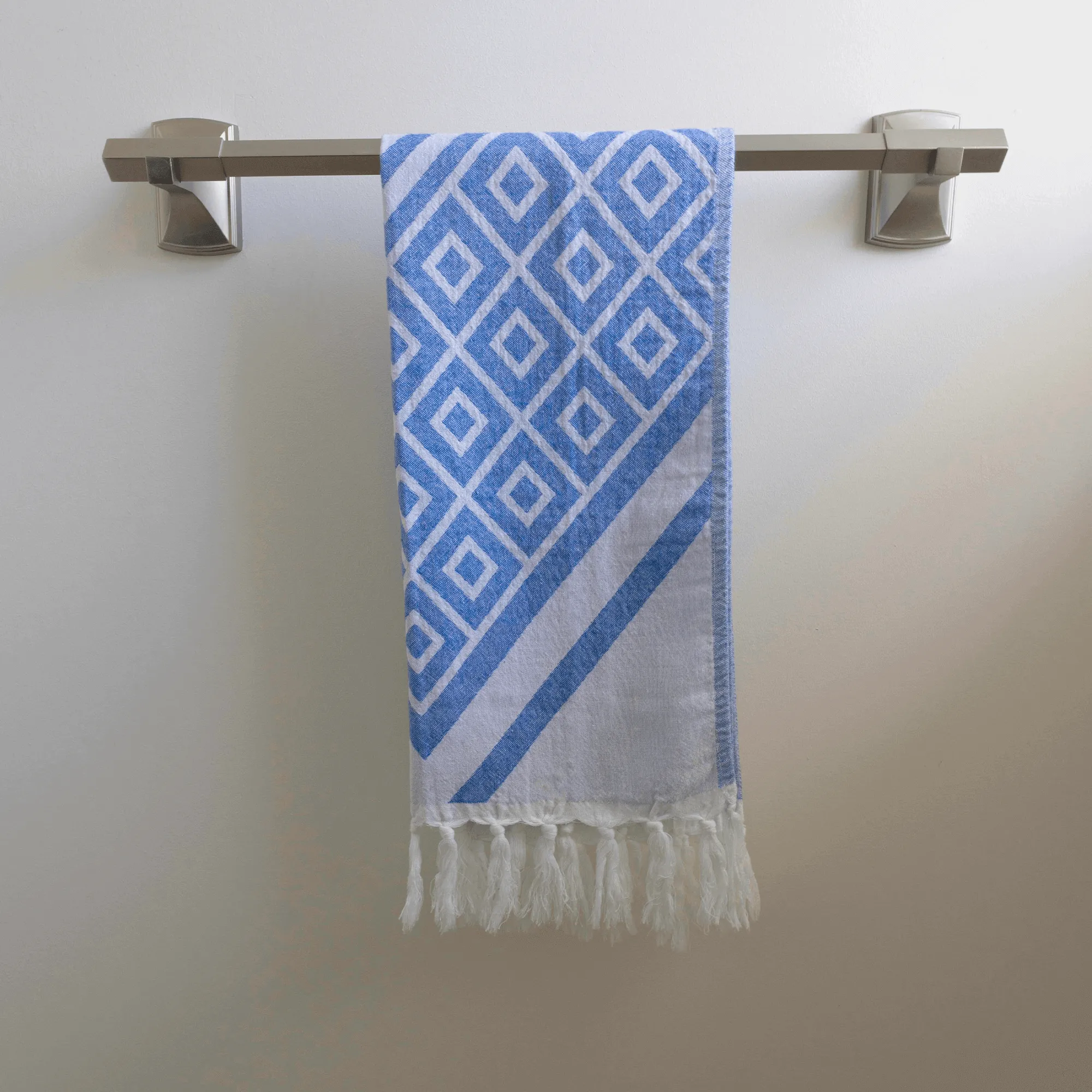 Turkish Cotton Hand Towel | Geo Diamond in Blue   White