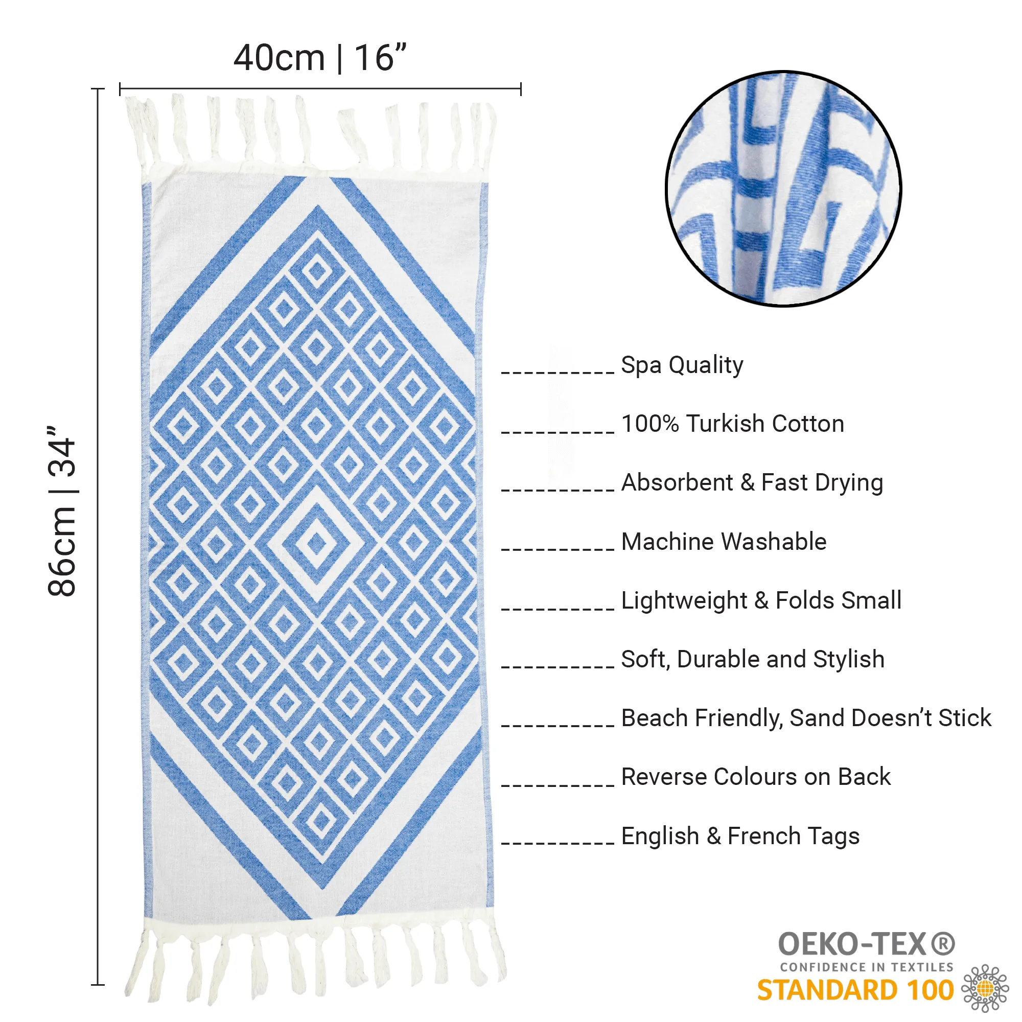 Turkish Cotton Hand Towel | Geo Diamond in Blue   White