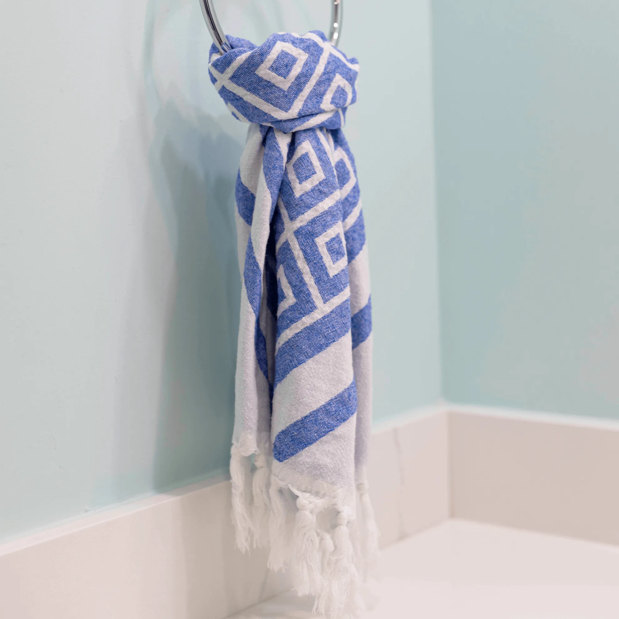 Turkish Cotton Hand Towel | Geo Diamond in Blue   White