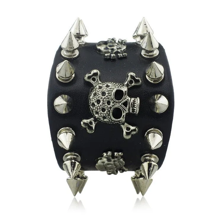 Unisex Rock Spikes Rivet Gothic Skull  Leather Bracelet