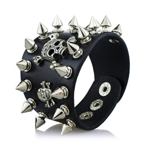 Unisex Rock Spikes Rivet Gothic Skull  Leather Bracelet