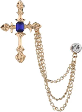 Vintage Gold Cross Suit Lapel Pin for Men - Long Tassel Chain Brooch With Red/Blue Large Crystal Rhinestone - Formal Dress Accessories