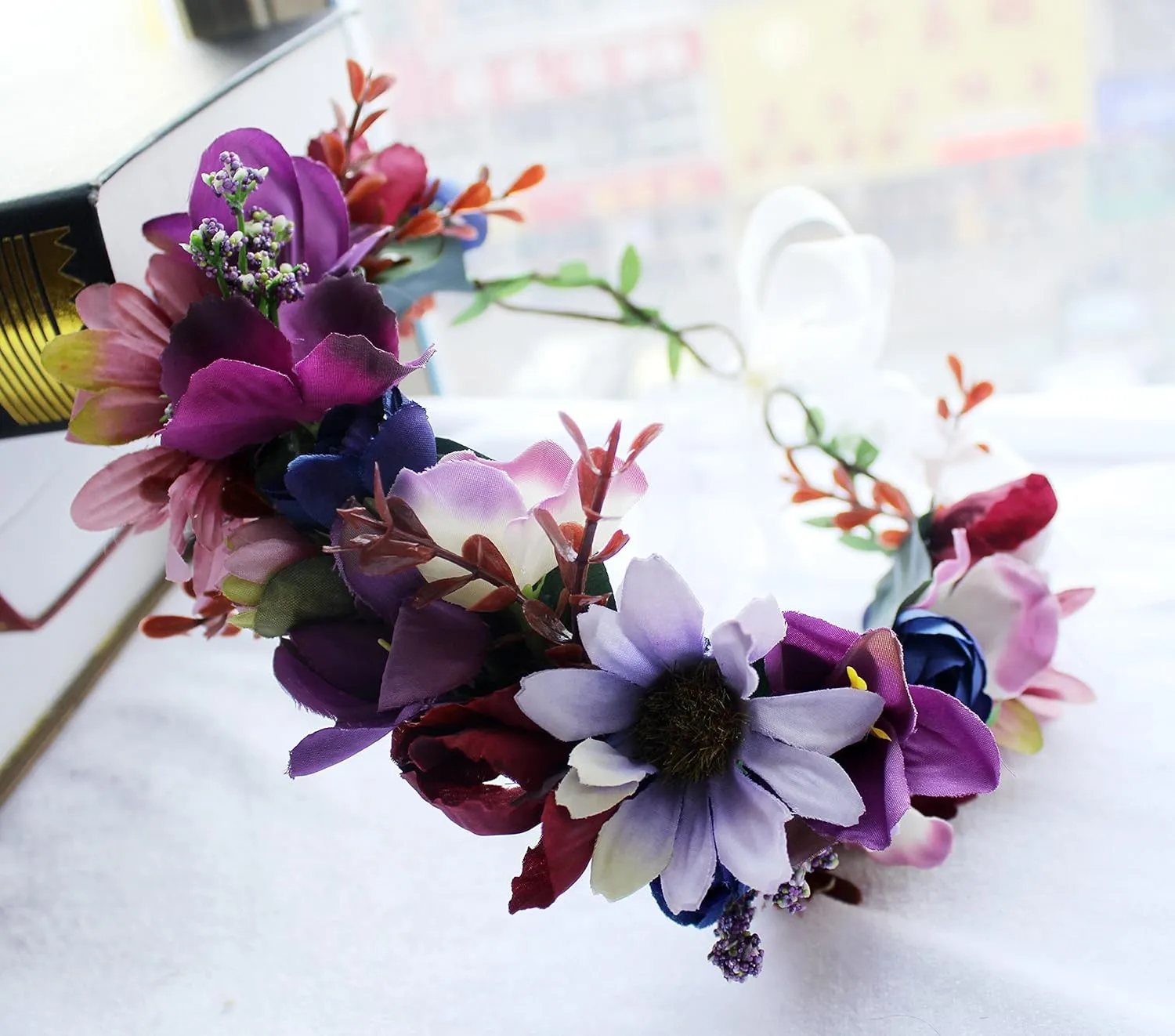 Vivivalue Floral Halo Boho Flower Headband Floral Crown Headpiece Hair Wreath with Ribbon Wedding Party Prom Photos Festival Purple