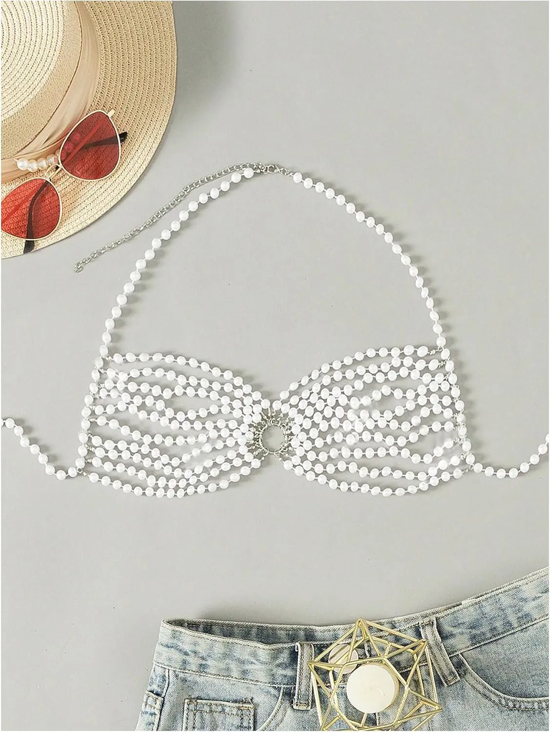 WDIRARA Women's Pearl Beaded Halter Bikini Top Sleeveless Backless Beach Cover Up Tops