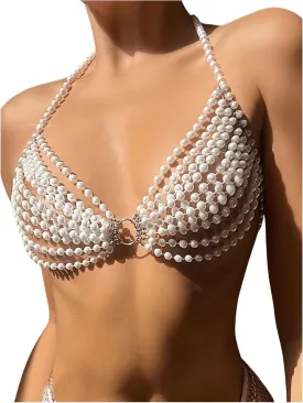 WDIRARA Women's Pearl Beaded Halter Bikini Top Sleeveless Backless Beach Cover Up Tops