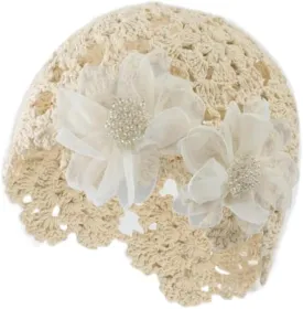 Women Flower Knitted Hat Cotton Crochet Skull Cap Handmade Knit Floral Beanie Hat Stretchy Knitted Crochet Hat Beige
