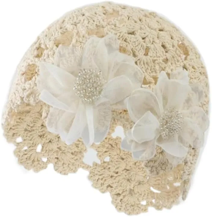 Women Flower Knitted Hat Cotton Crochet Skull Cap Handmade Knit Floral Beanie Hat Stretchy Knitted Crochet Hat Beige